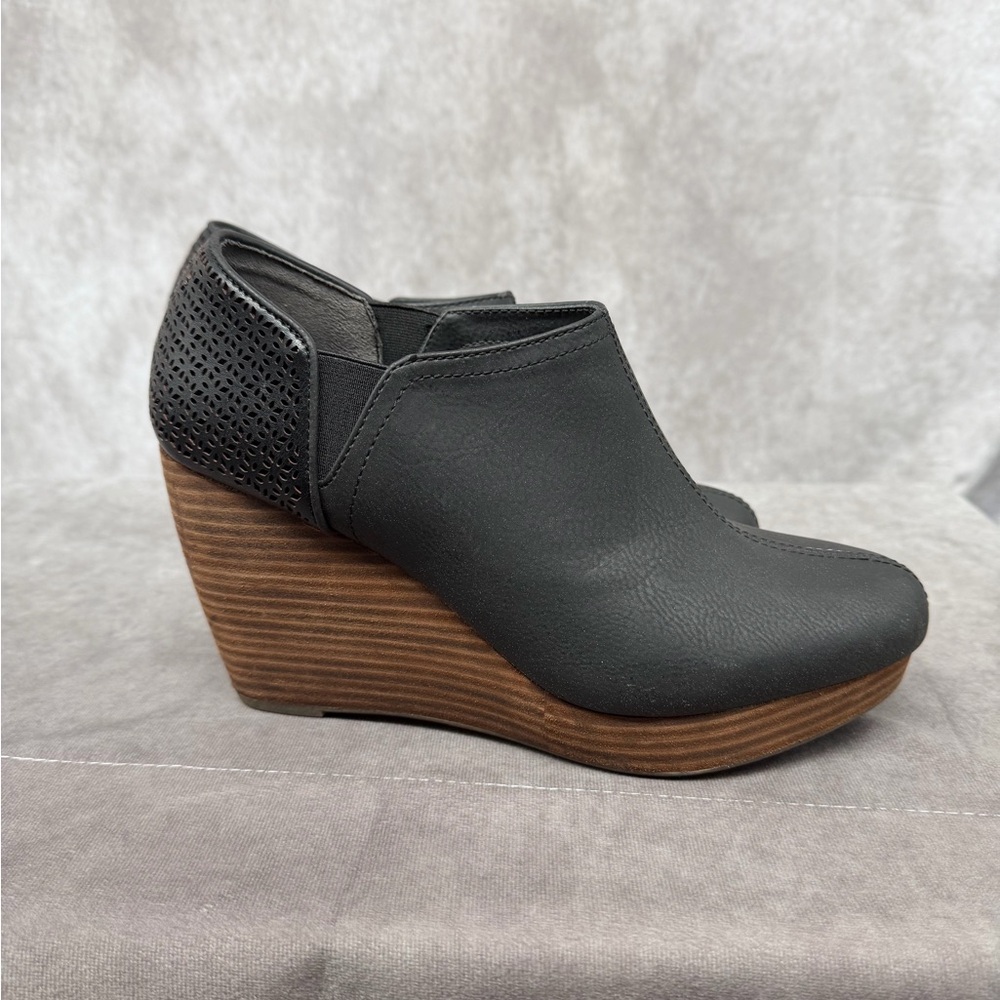 Dr. Scholl's Black Faux-Leather Wedge‎ Booties with Wood-Effect Heel